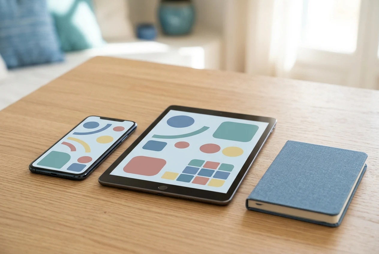 Έξυπνο κινητό και tablet σε ξύλινο γραφείο με αφηρημένα χρωματιστά γεωμετρικά μοτίβα στις οθόνες